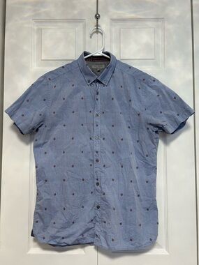Ted Baker Light Blue Short-Sleeve Button-Down with Small Flowers Motif